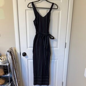 Navy Blue Jumpsuit with Red and White Stripes